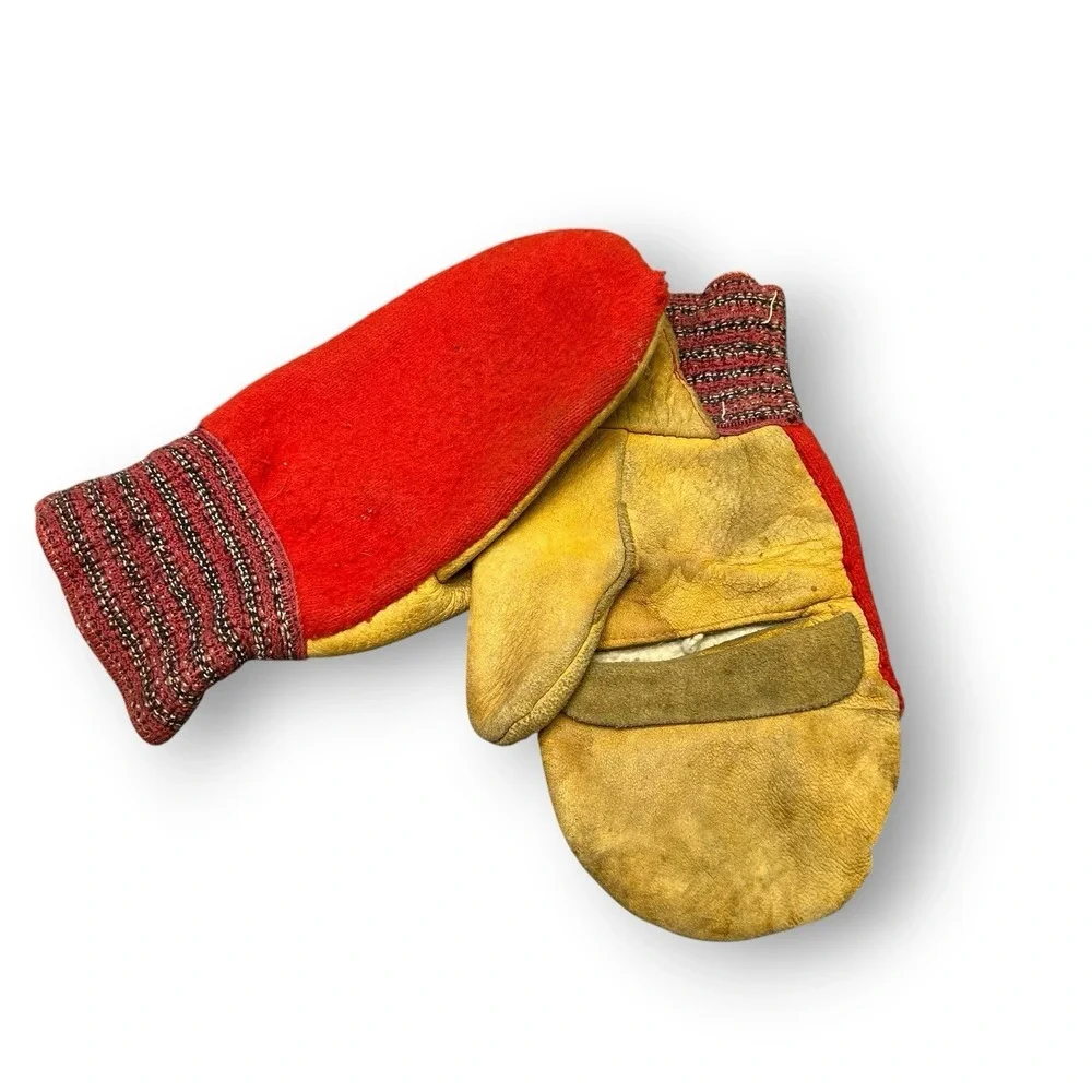 Vintage Leather Wool Chopper Mittens Red Work Hunting Cold Weather Gloves USA